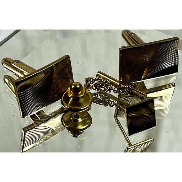 Yellow Gold 14K Filled 1/20th Quality Vintage Cuff Links & Tie Tack Set w/ Box - Picture 12 of 16